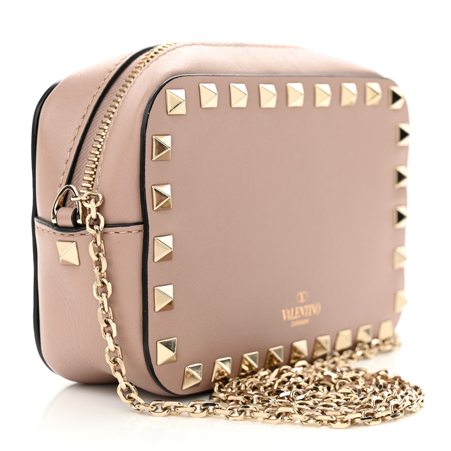 Calfskin Small Rockstud Chain Camera Crossbody Bag Poudre