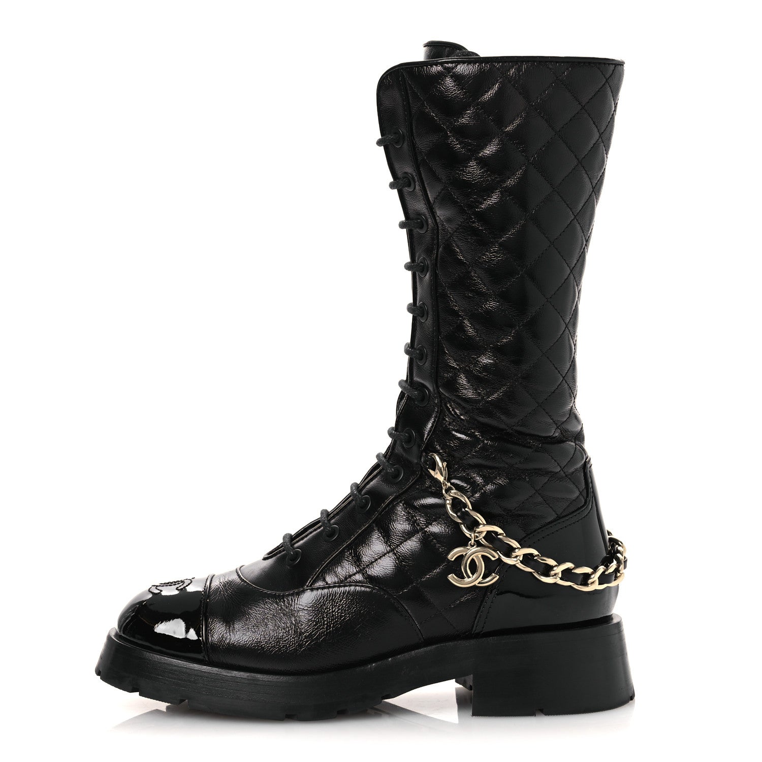 CHANEL レア　キルティングブーツ　37 Chanel Shiny Calfskin Patent Quilted Chain Lace Up Combat Long