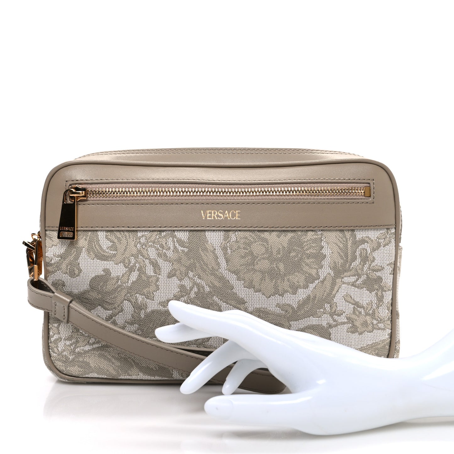 Fabric Jacquard Calfskin Barocco Wristlet Pouch Beige