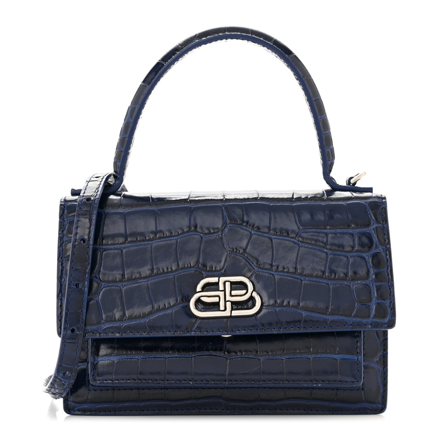 Shiny Calfskin Crocodile Embossed XS Sharp Top Handle Bag Navy