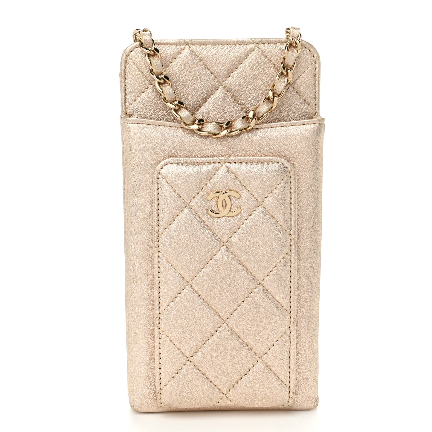 Metallic Lambskin Quilted Zip Phone Case Gold