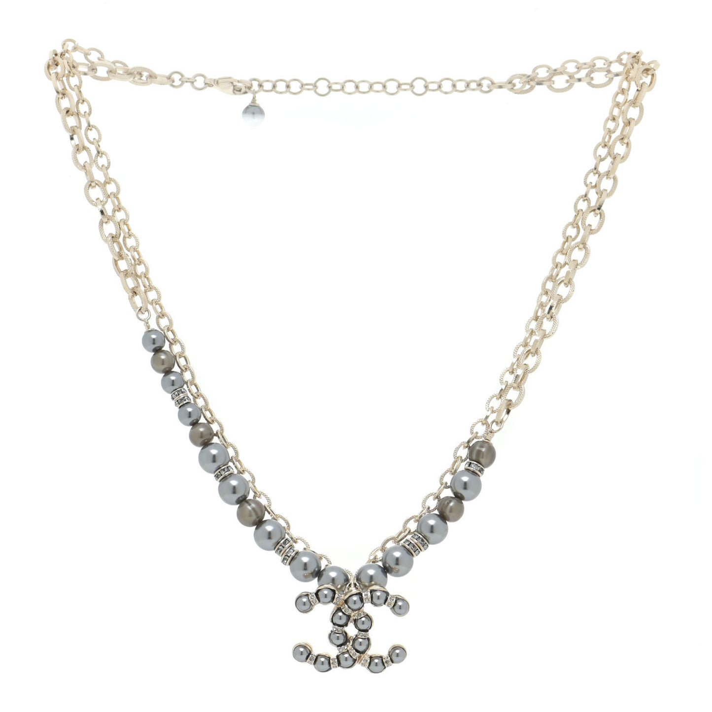 Crystal Pearl Nefertiti CC Double Chain Pendant Necklace Gold Dark Grey