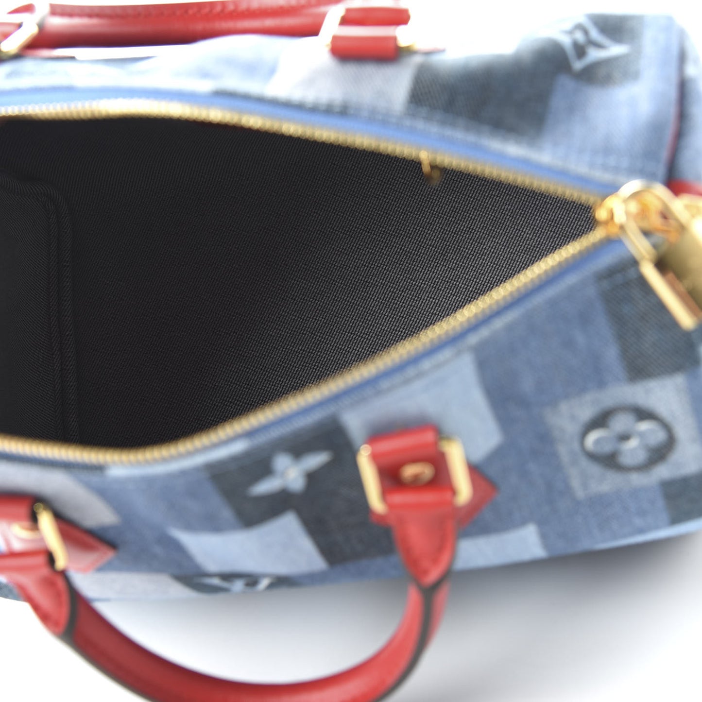 Denim Damier Monogram Patchwork Speedy Bandouliere 30 Blue Rouge