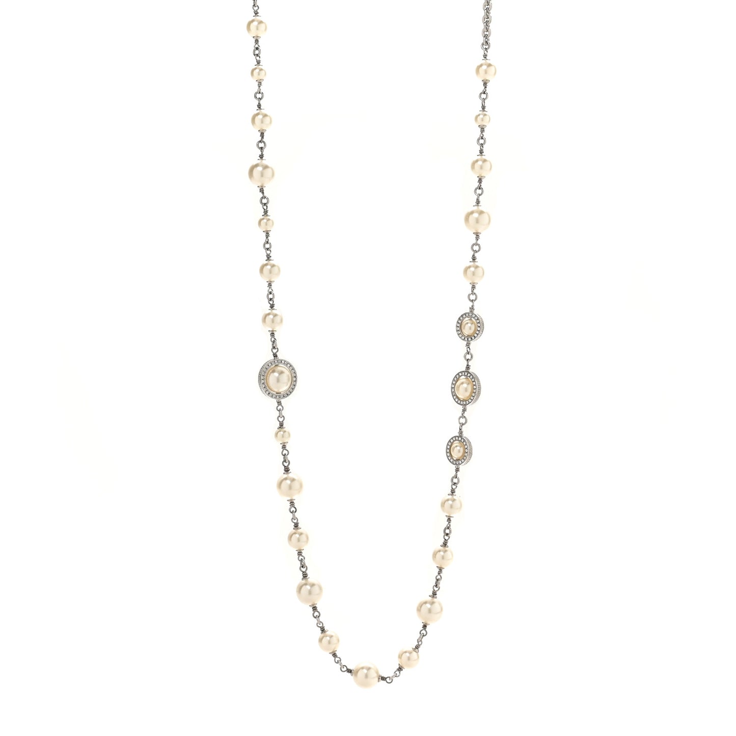 Graduated Pearl Crystal CC Long Necklace Silver