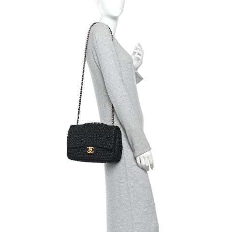 Raffia Crochet Paris Greece Medium Flap Bag Black