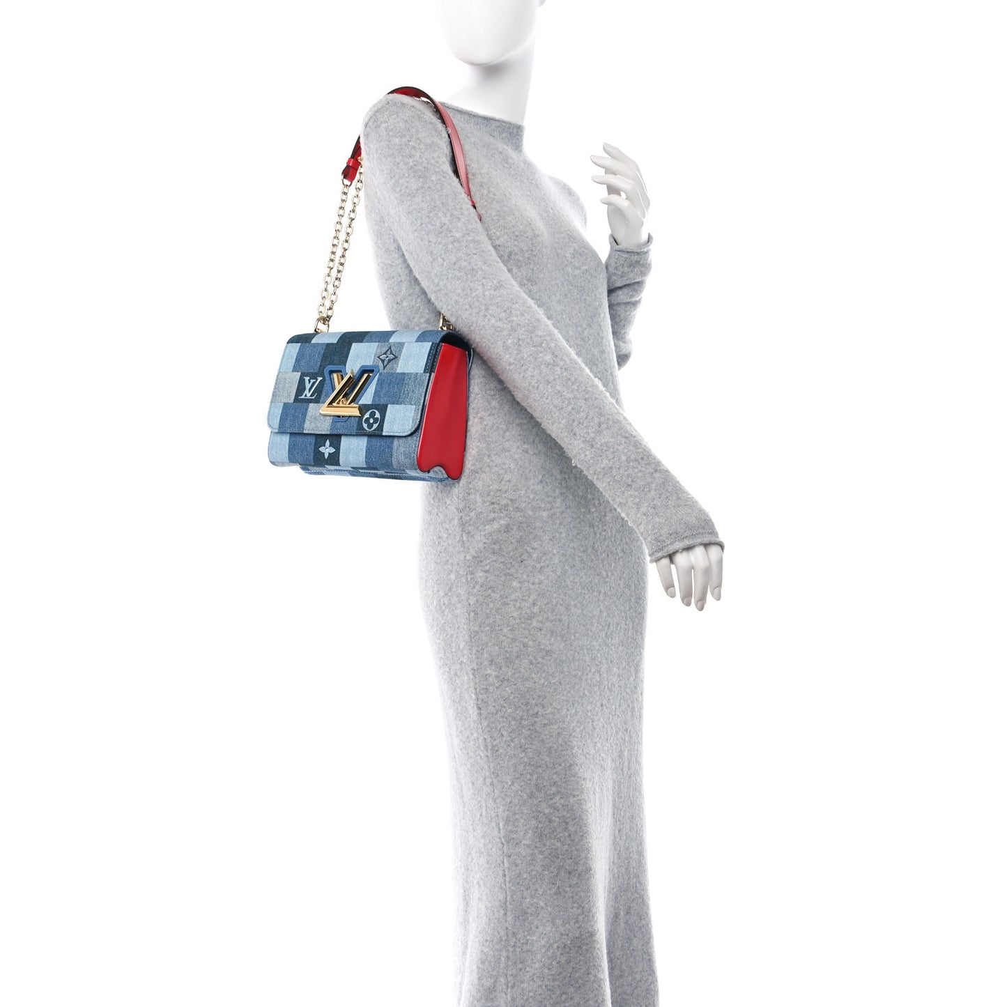 Denim Damier Monogram Twist Shoulder Bag MM Blue Rouge