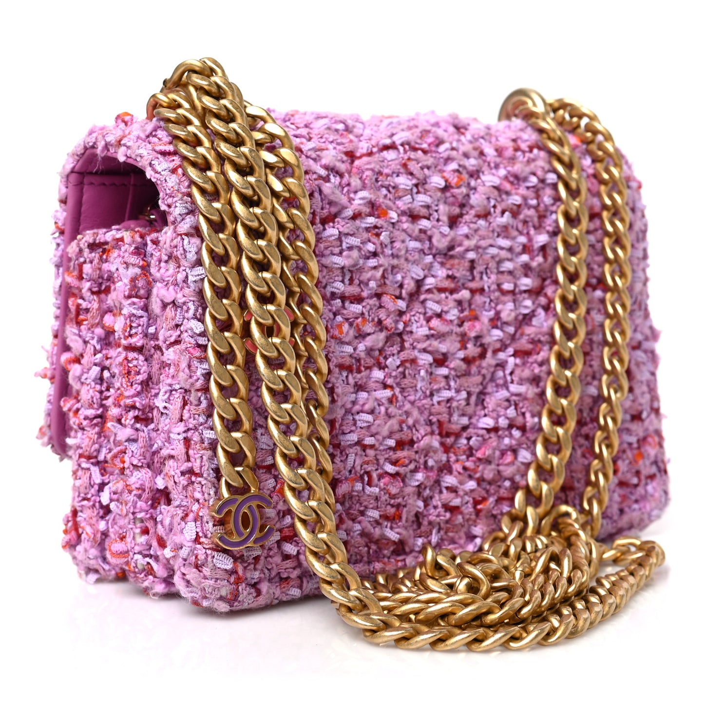 Tweed Enamel Quilted Pending CC Mini Wallet On Chain WOC Pink Purple