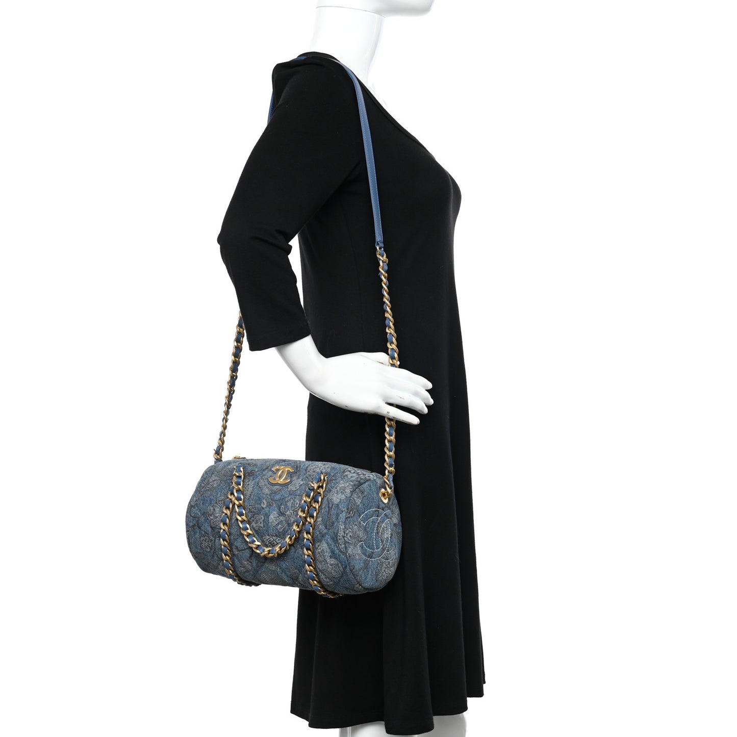 Denim Printed Destination Chenonceau Bowling Bag Blue Grey White