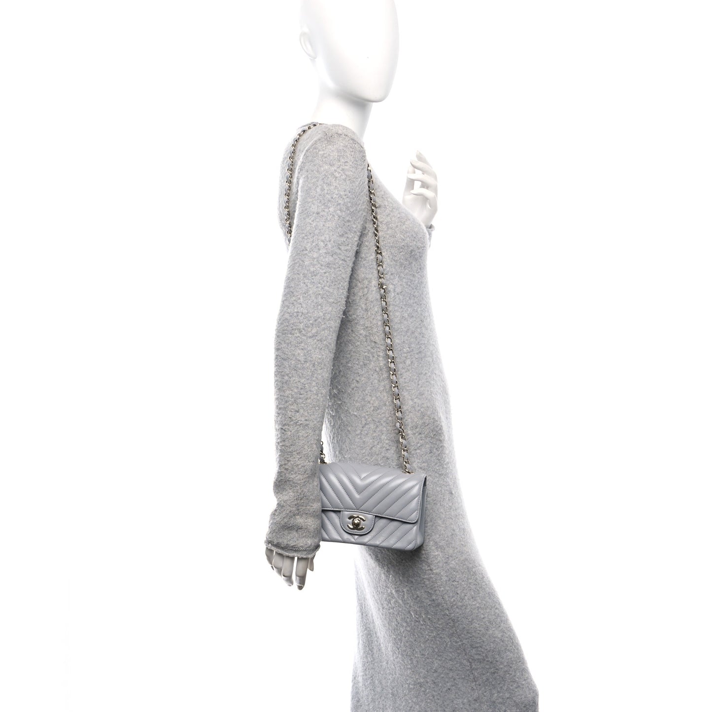 Lambskin Chevron Quilted Mini Rectangular Flap Grey