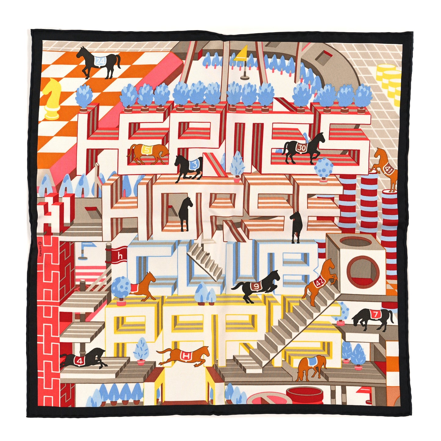 Silk Gavroche Hermes Horse Club Scarf 45 Black Beige Corail
