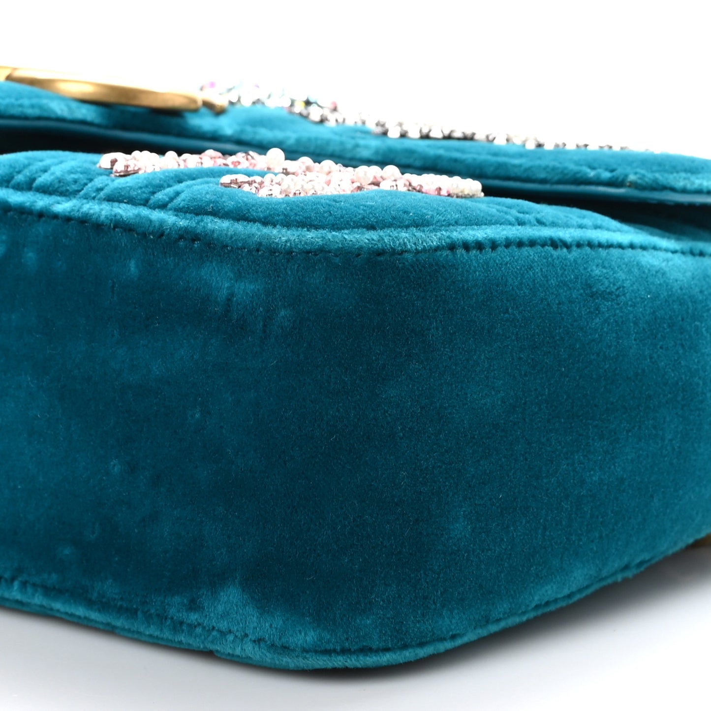 Velvet Matelasse Embroidered Small GG Marmont Shoulder Bag Pavone Cyan