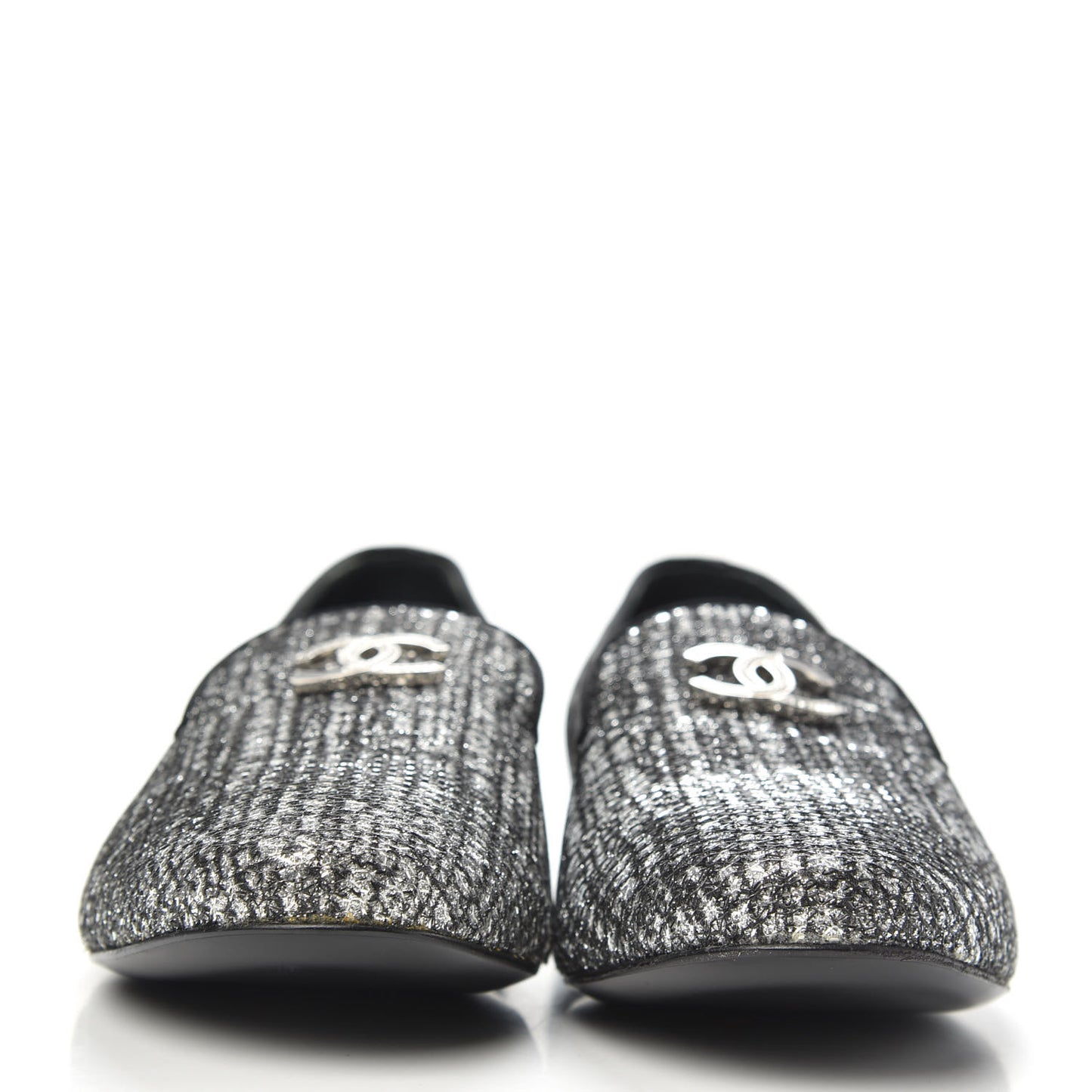 Fantasy Fabric Grosgrain CC Mocassin Loafers 39 Silver Black