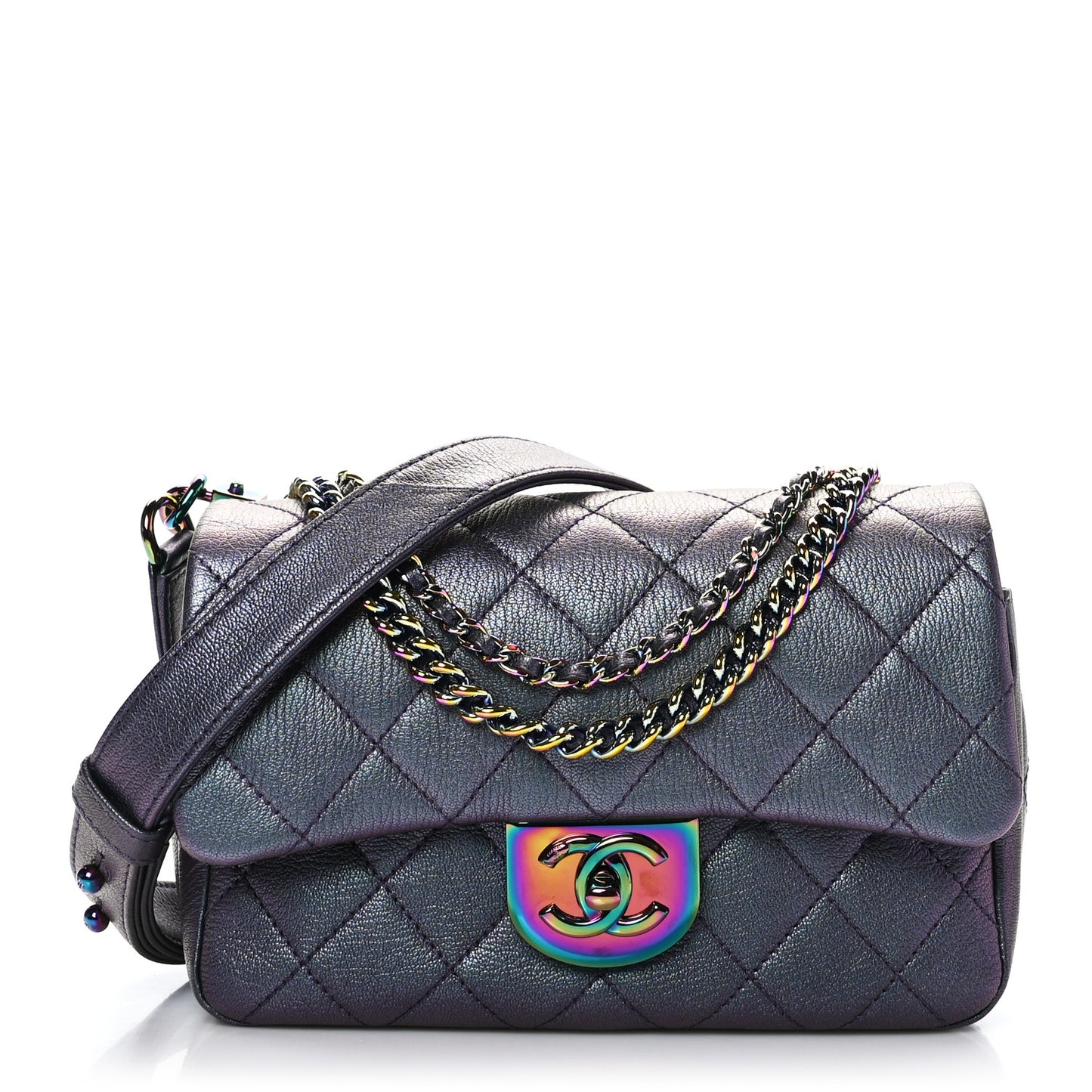 Iridescent Goatskin Quilted Small Double Carry Waist Chain Flap Purple