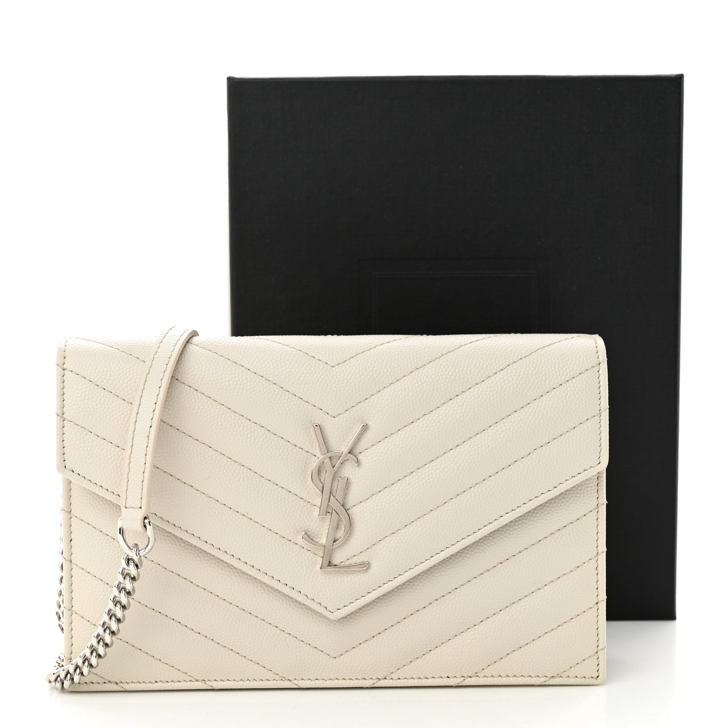 Grain De Poudre Matelasse Chevron Monogram Envelope Chain Wallet Icy White