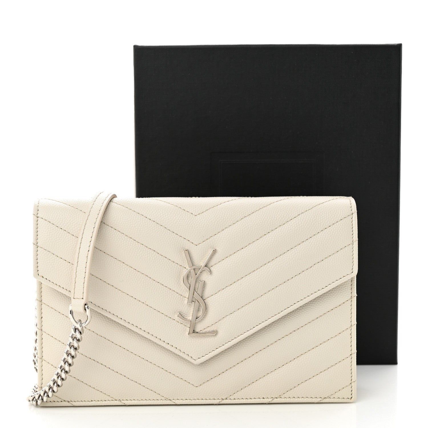 Saint Laurent Grain De Poudre Matelasse Chevron Monogram Envelope Chain Wallet Icy White 10 of 10