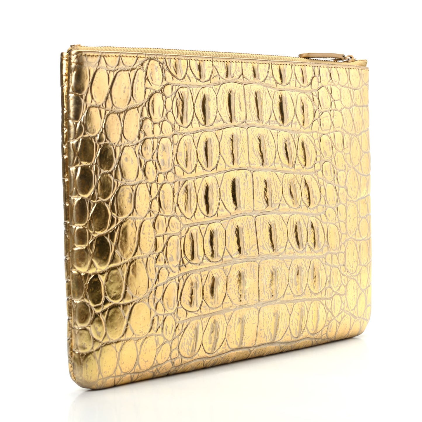 Metallic Calfskin Crocodile Embossed Medium Cocodile Cosmetic Case Gold