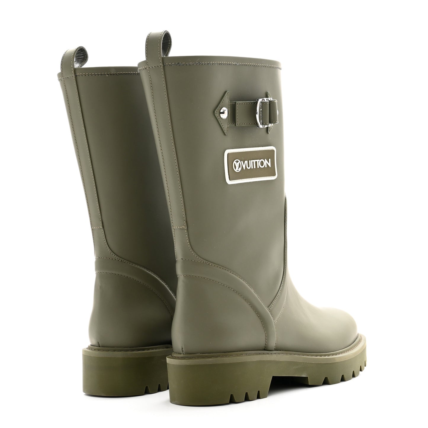 Rubber Calfskin Territory Flat Boots 37 Khaki