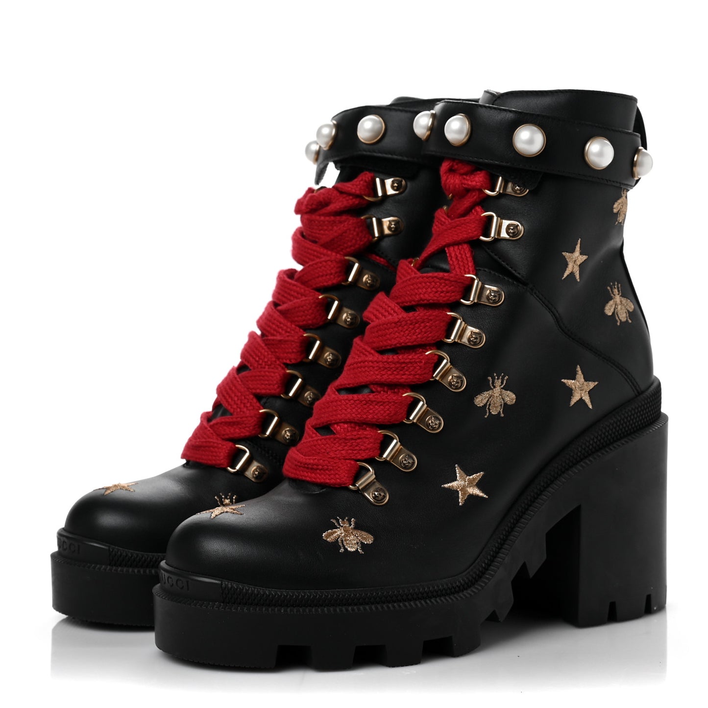 Calfskin Embroidered Lace Up Combat Ankle Boots 38.5 Black