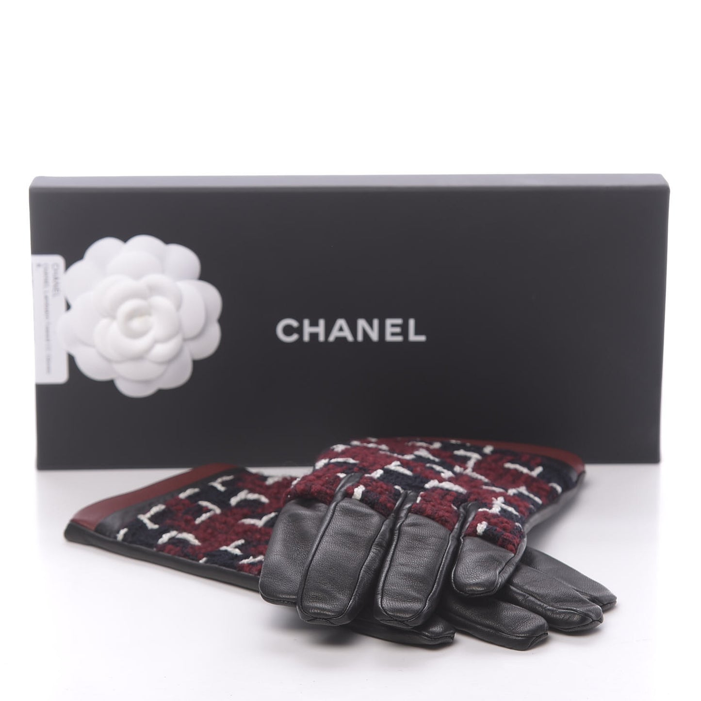 Lambskin Tweed CC Gloves 8 Red Black White