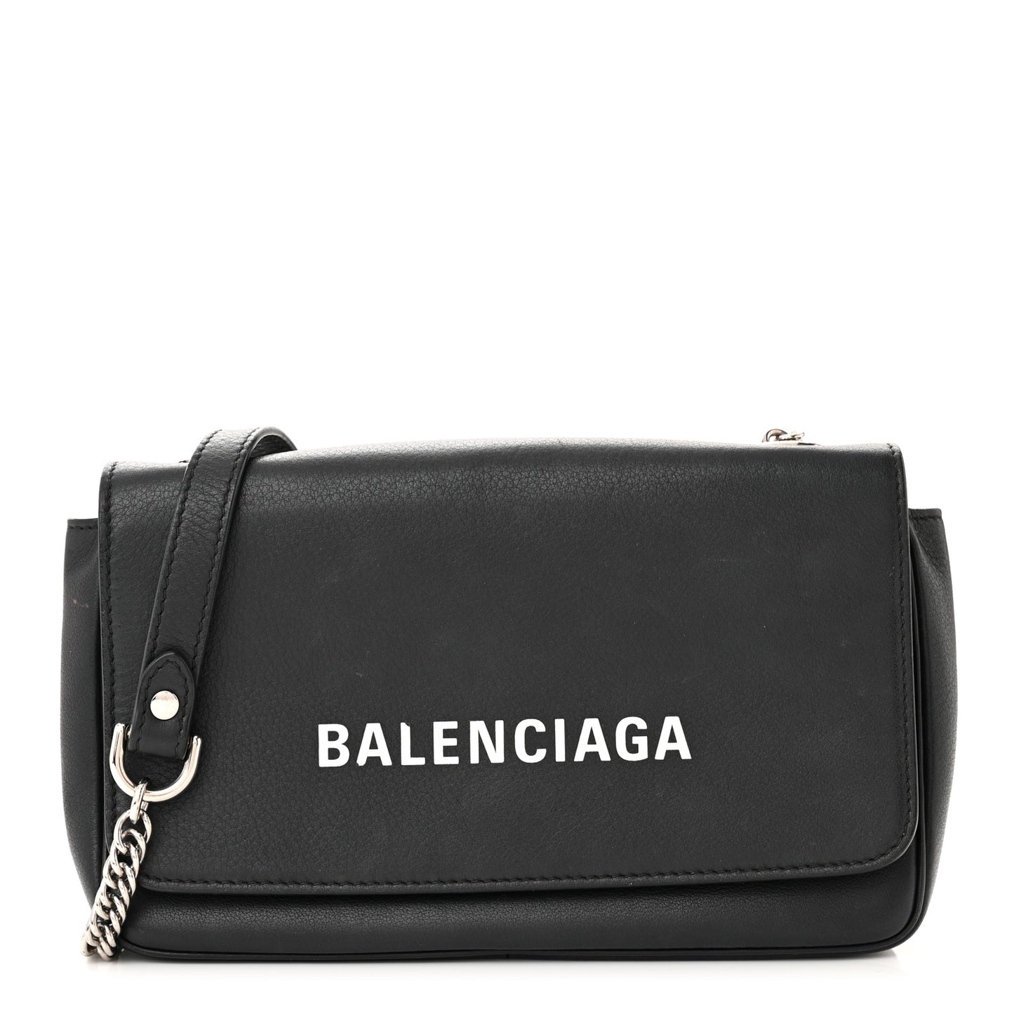 Pebbled Calfskin Logo Everyday Flap Chain Wallet Black