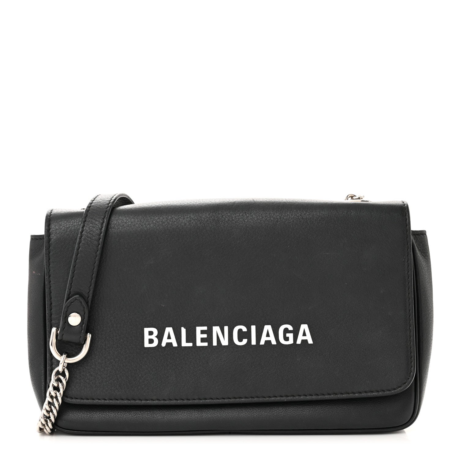 Balenciaga Pebbled Calfskin Logo Everyday Flap Chain Wallet Black 1 of 16