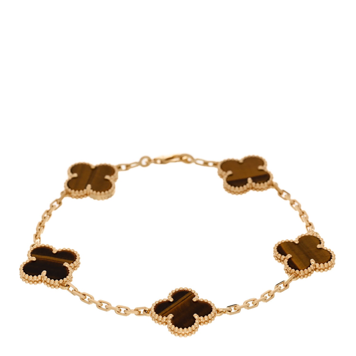 Van Cleef & Arpels 18K Yellow Gold Tiger Eye 5 Motifs Vintage Alhambra Bracelet 1 of 4