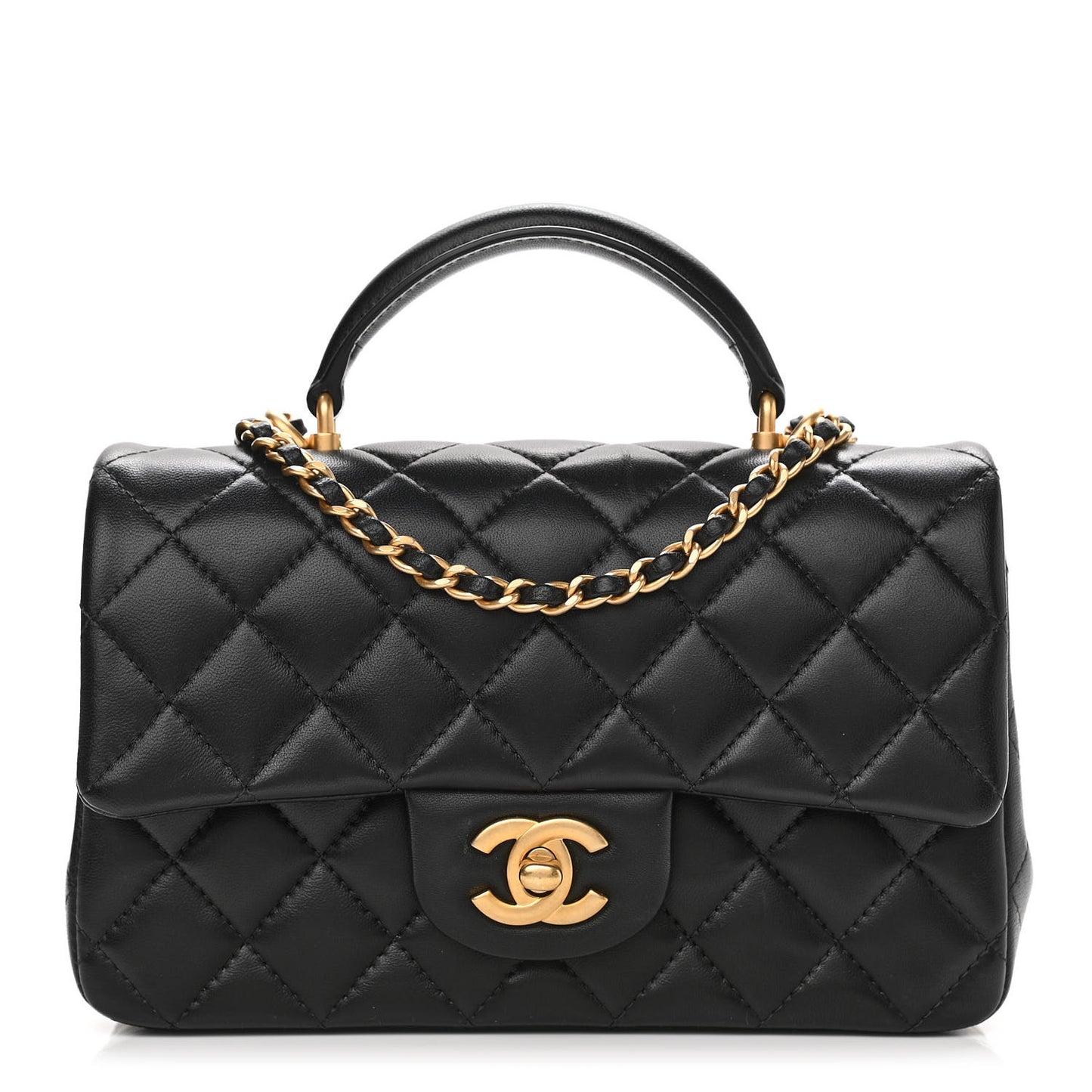 Lambskin Quilted Mini Top Handle Rectangular Flap Black