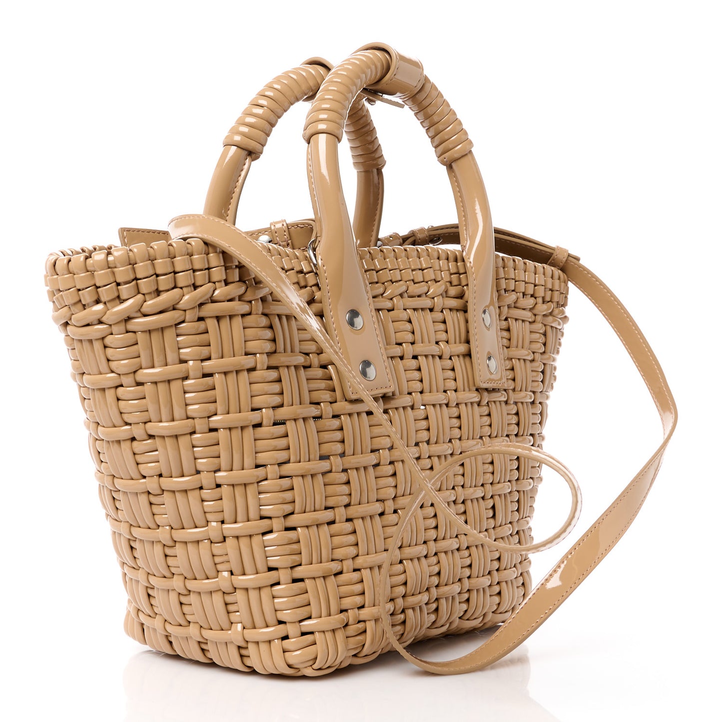 Varnished Faux Calfskin Braided XS Bistro Basket Beige