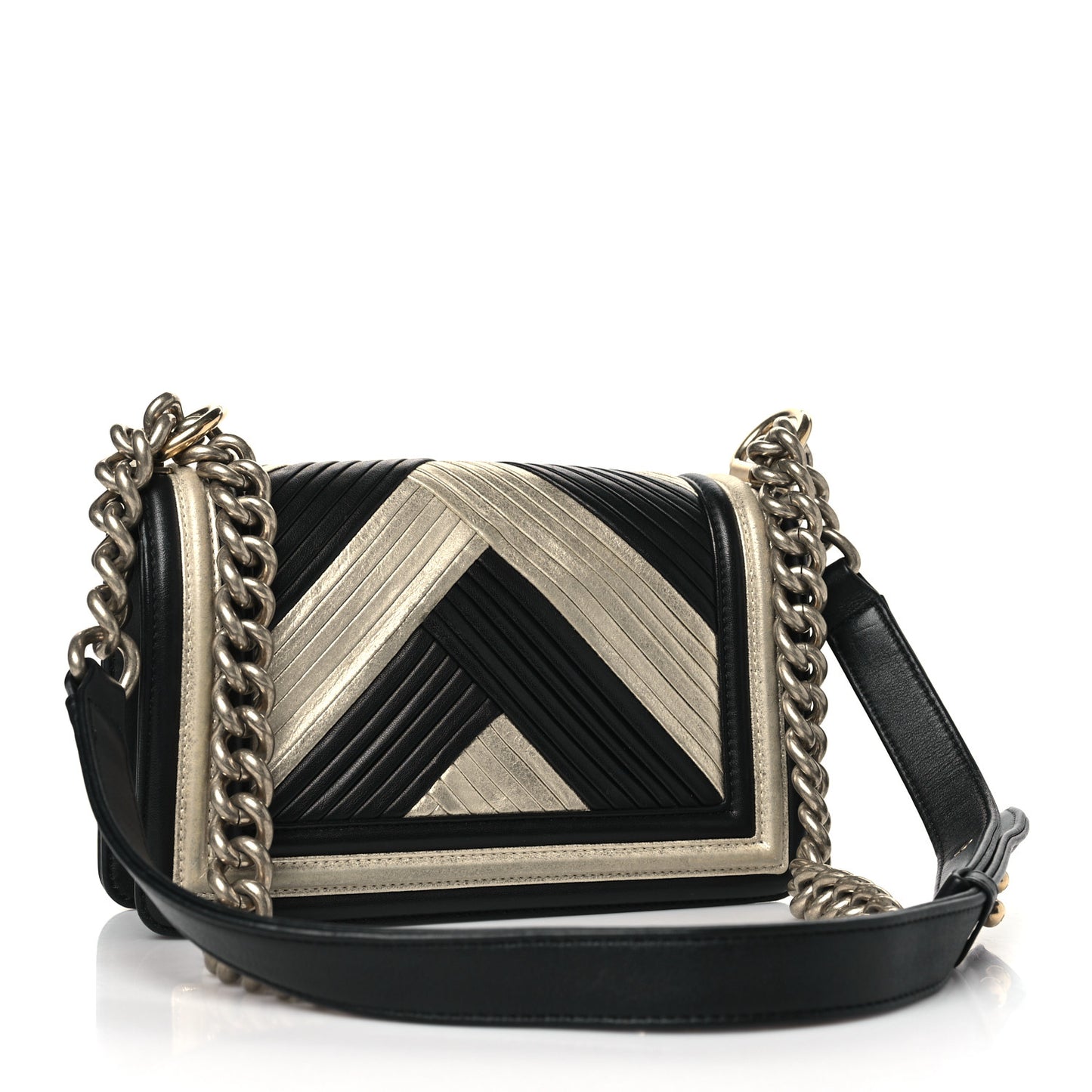 Metallic Calfskin Pleated Small Boy In Rome Flap Black Gold