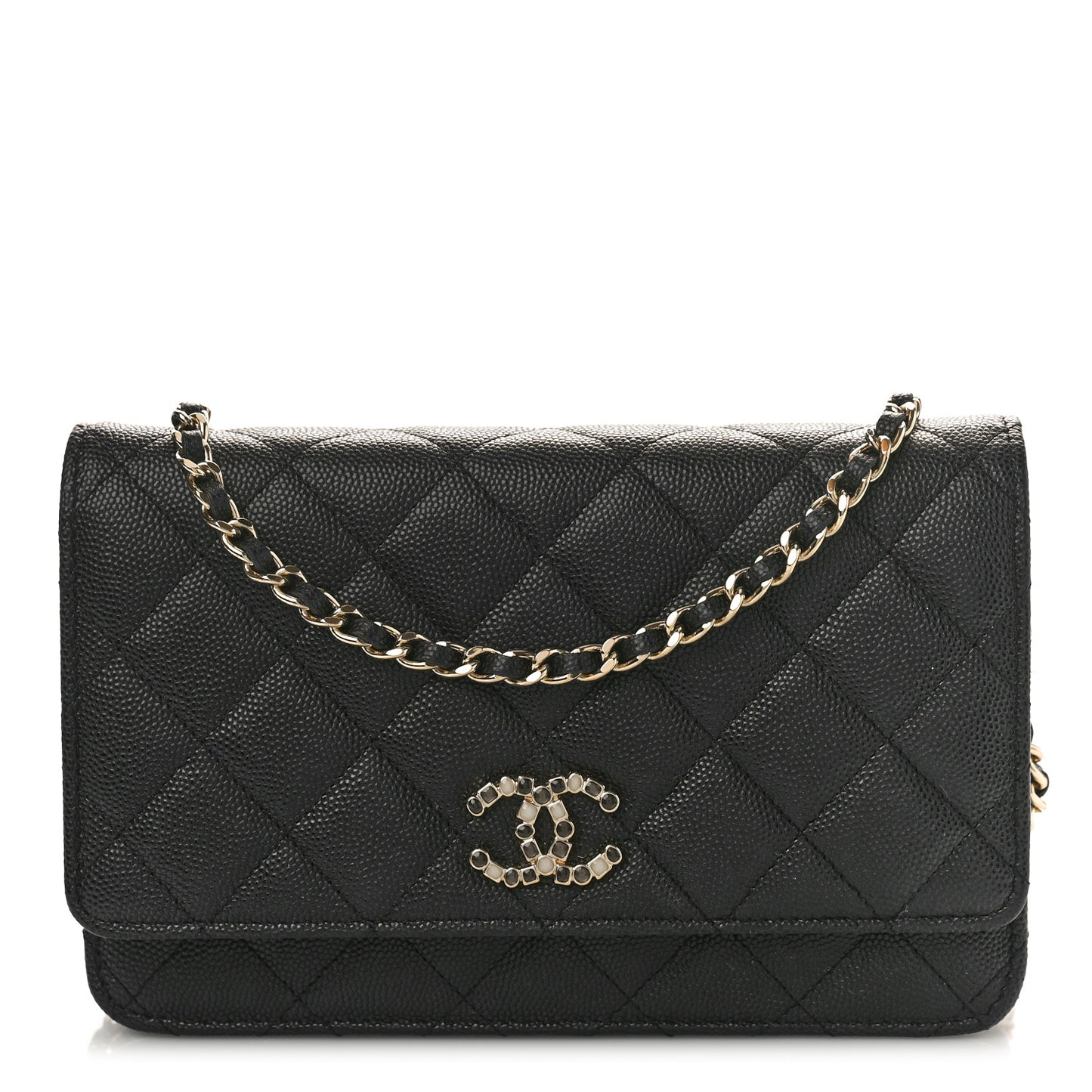 Shiny Caviar Quilted Enamel CC Wallet On Chain WOC Black