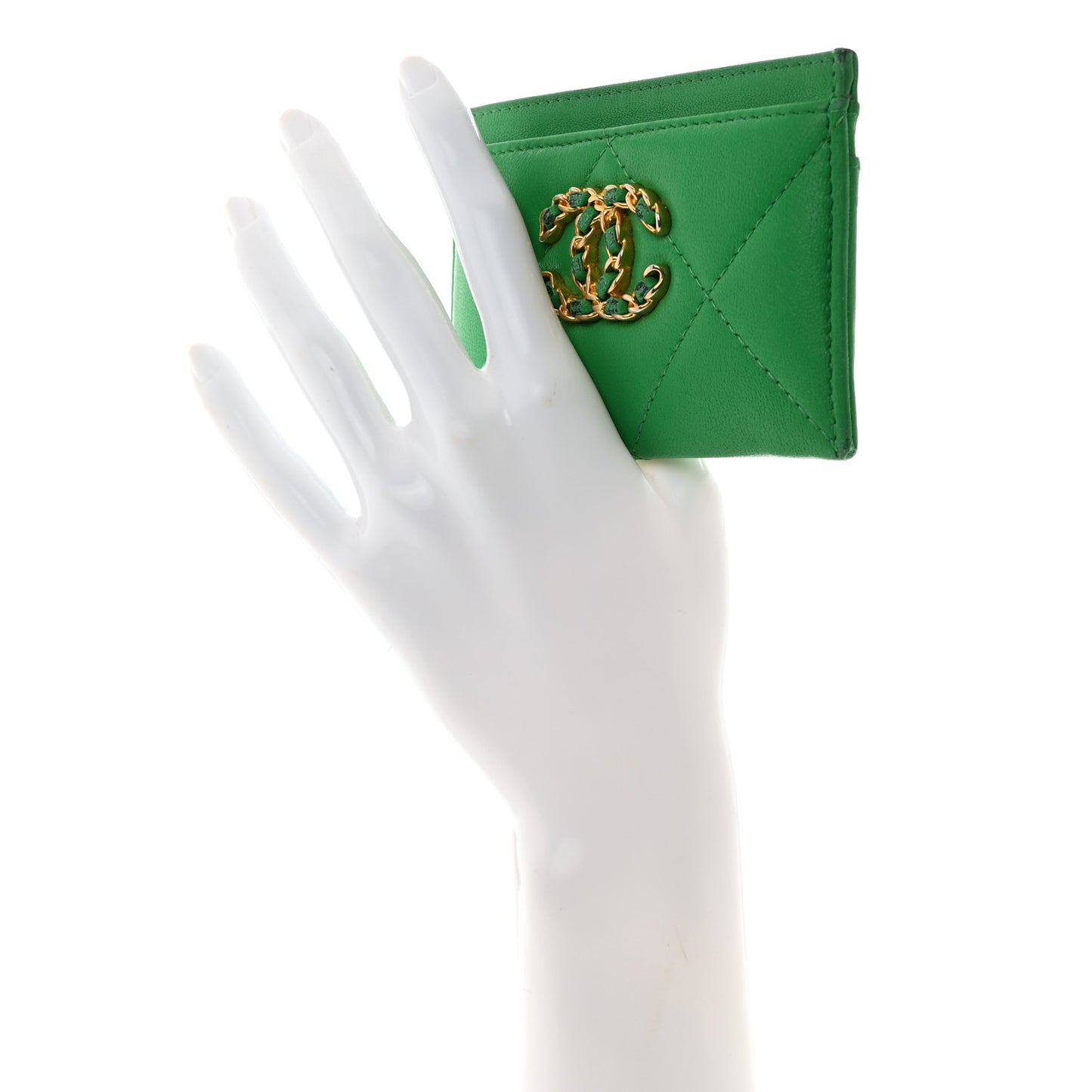 Lambskin Quilted Chanel 19 Card Holder Green