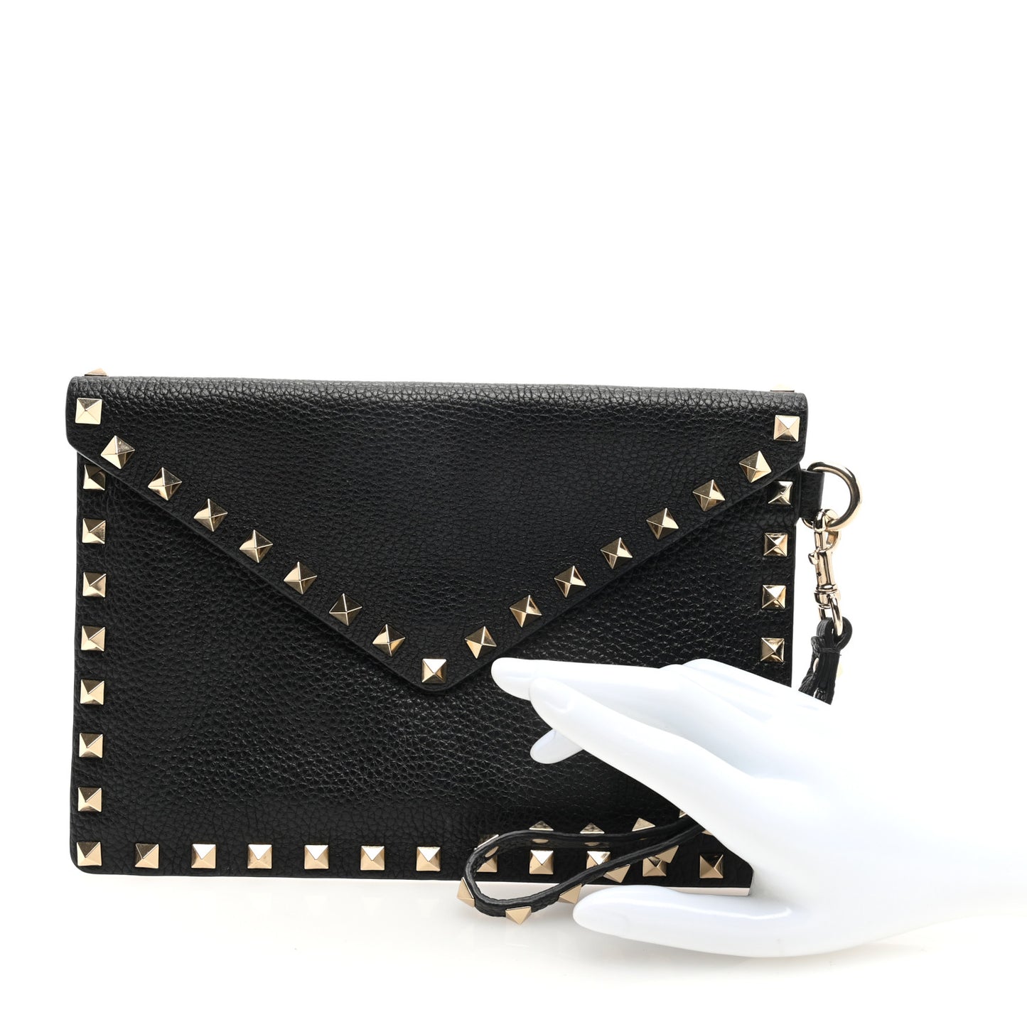 Pebbled Calfskin Medium Rockstud Envelope Flat Wristlet Pouch Black