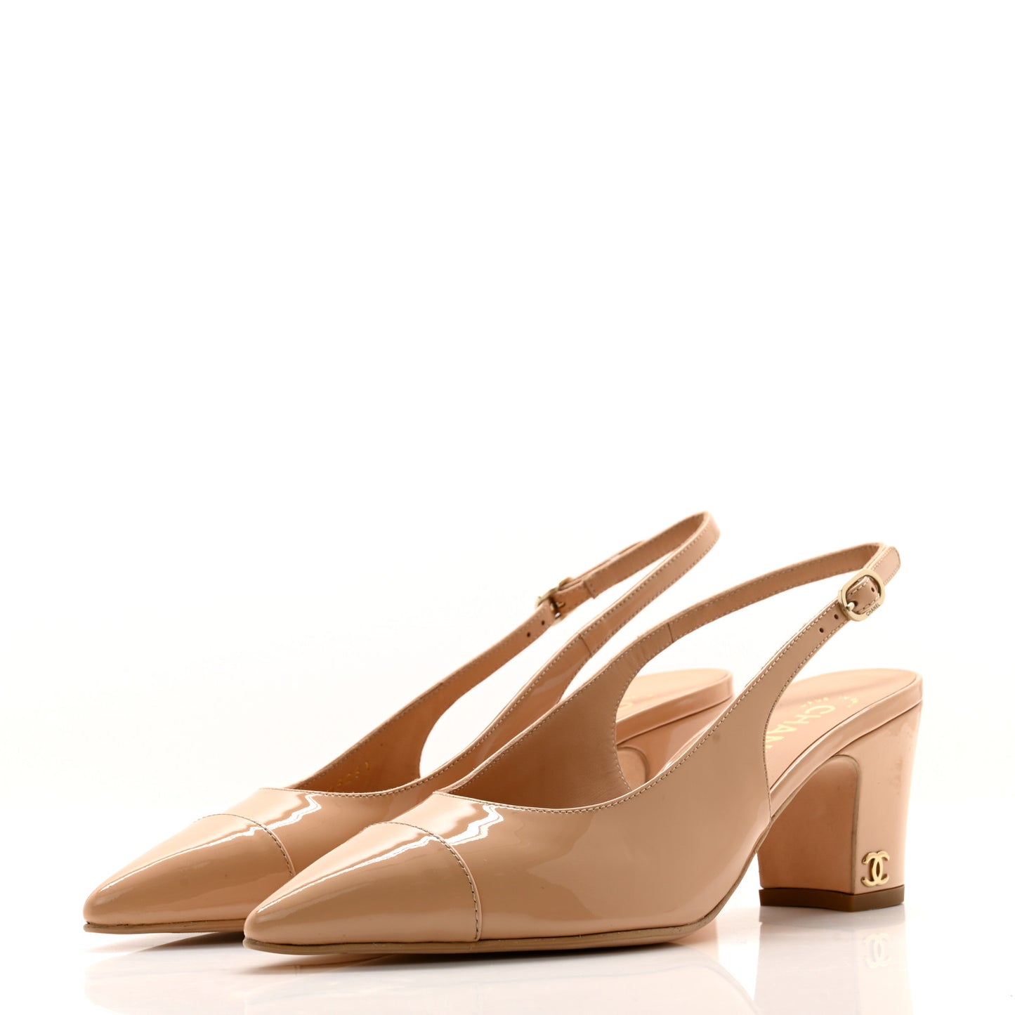 Patent Calfskin Cap Toe CC Slingback Pumps 38 Beige