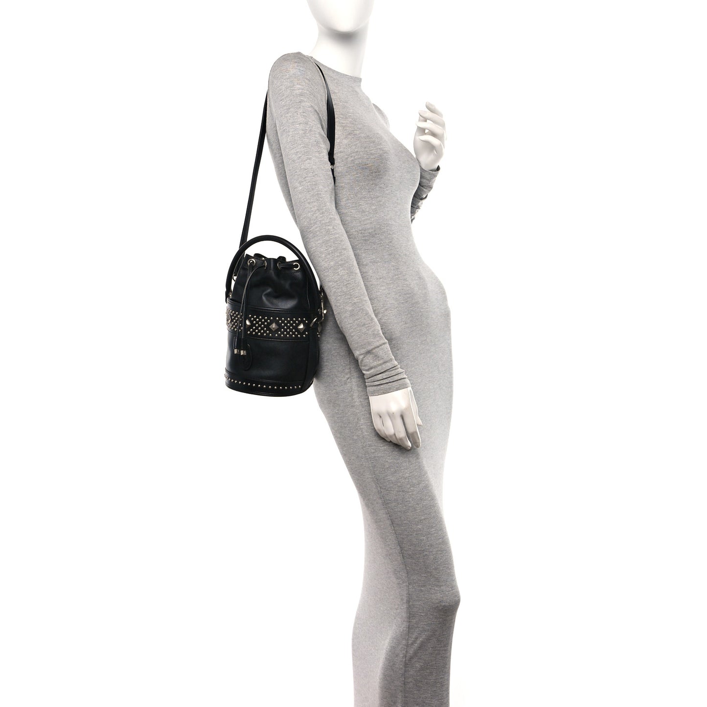 Smooth Calfskin Studded Small Bahia Drawstring Bucket Bag Black