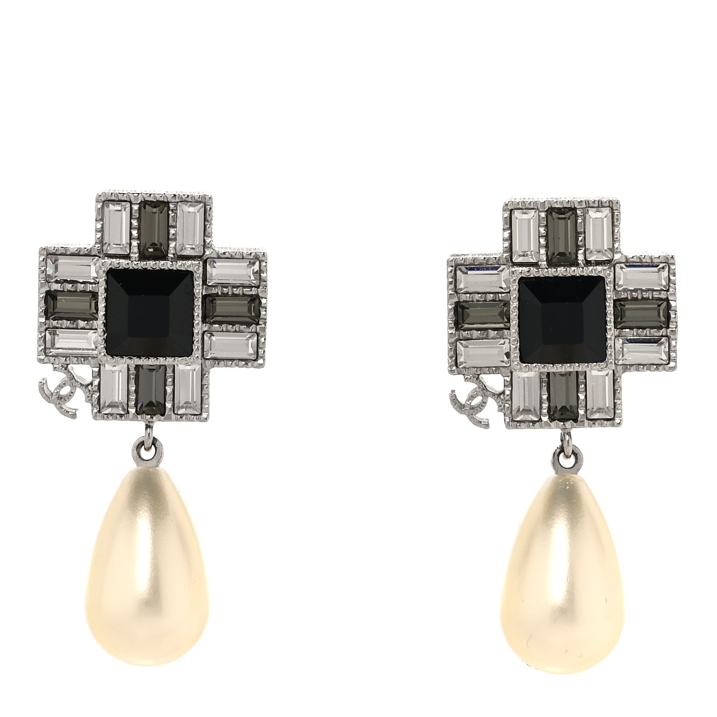 Crystal Baguette Pearl Cross Drop Earrings Grey Black Silver