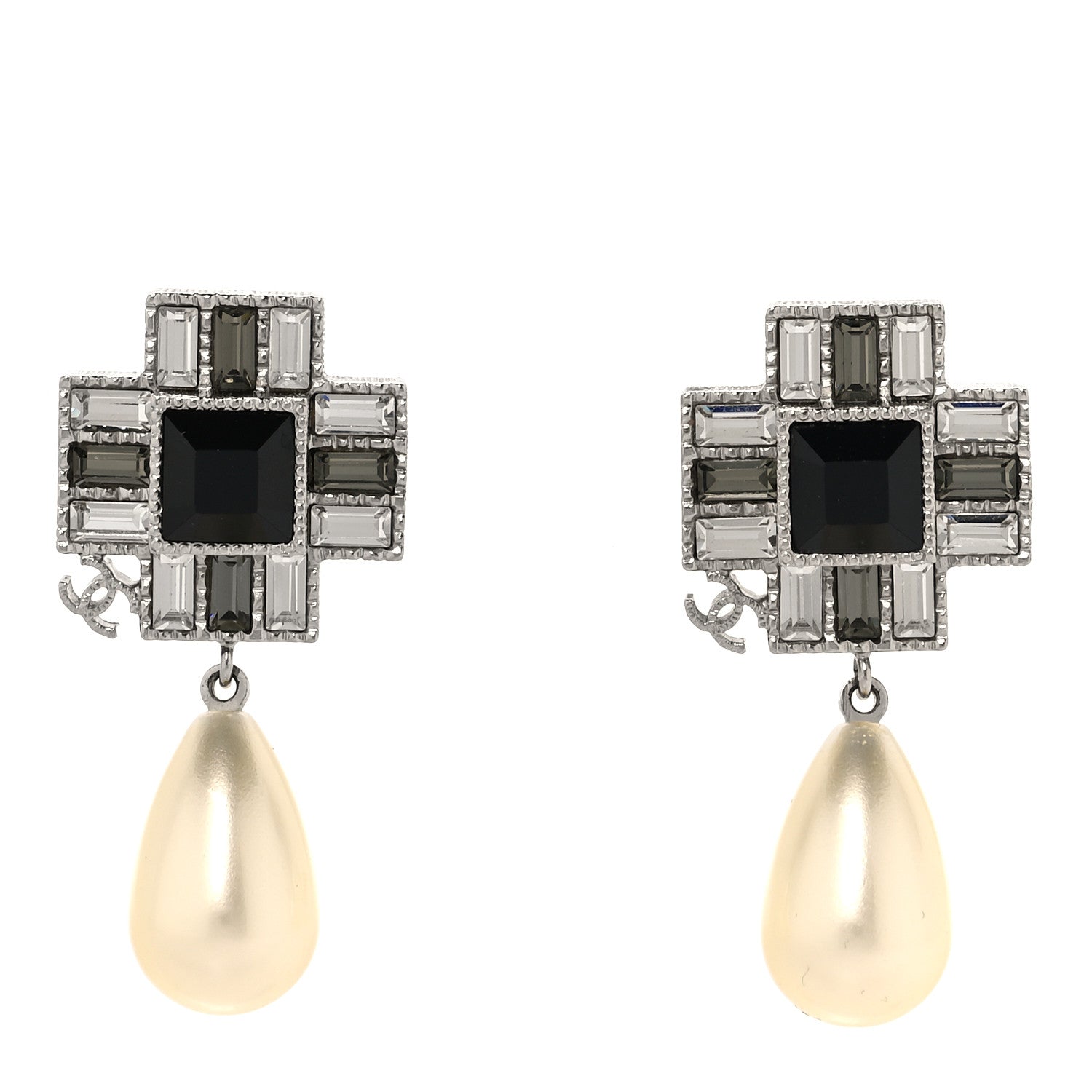 Chanel Crystal Baguette Pearl Cross Drop Earrings Grey Black Silver 1 of 5