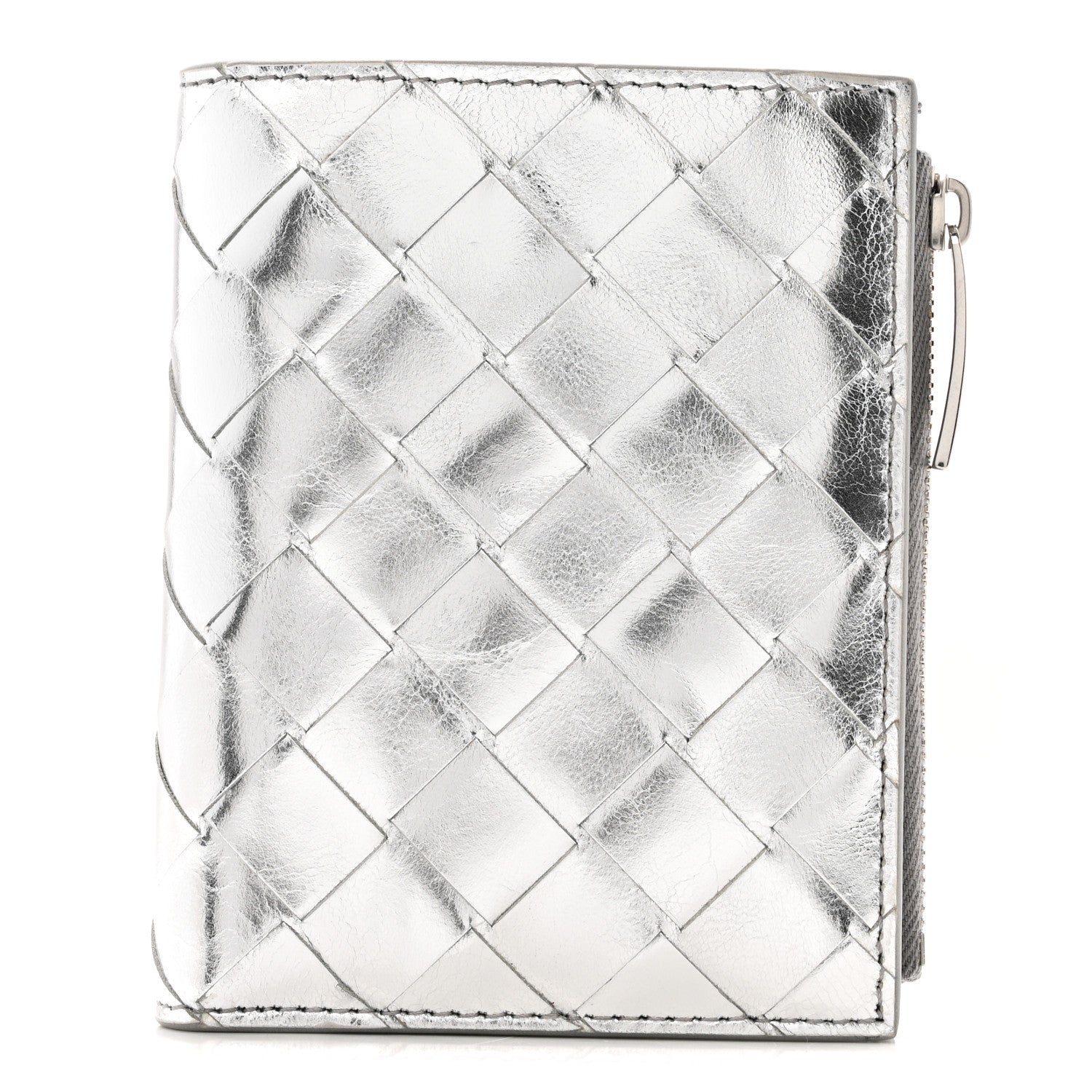 Bottega Venetia シルバー 二つ折り財布 Bottega Veneta Metallic Calfskin Intrecciato Bifold Zip Wallet