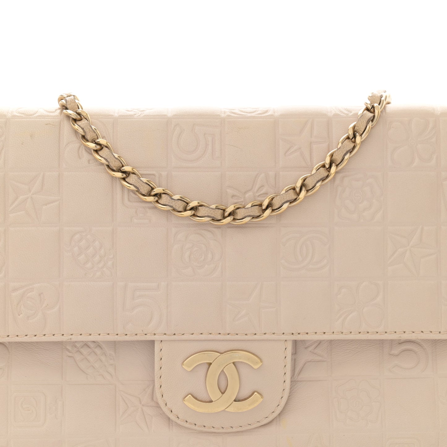 Lambskin Precious Symbols Double Flap Clutch On Chain Beige