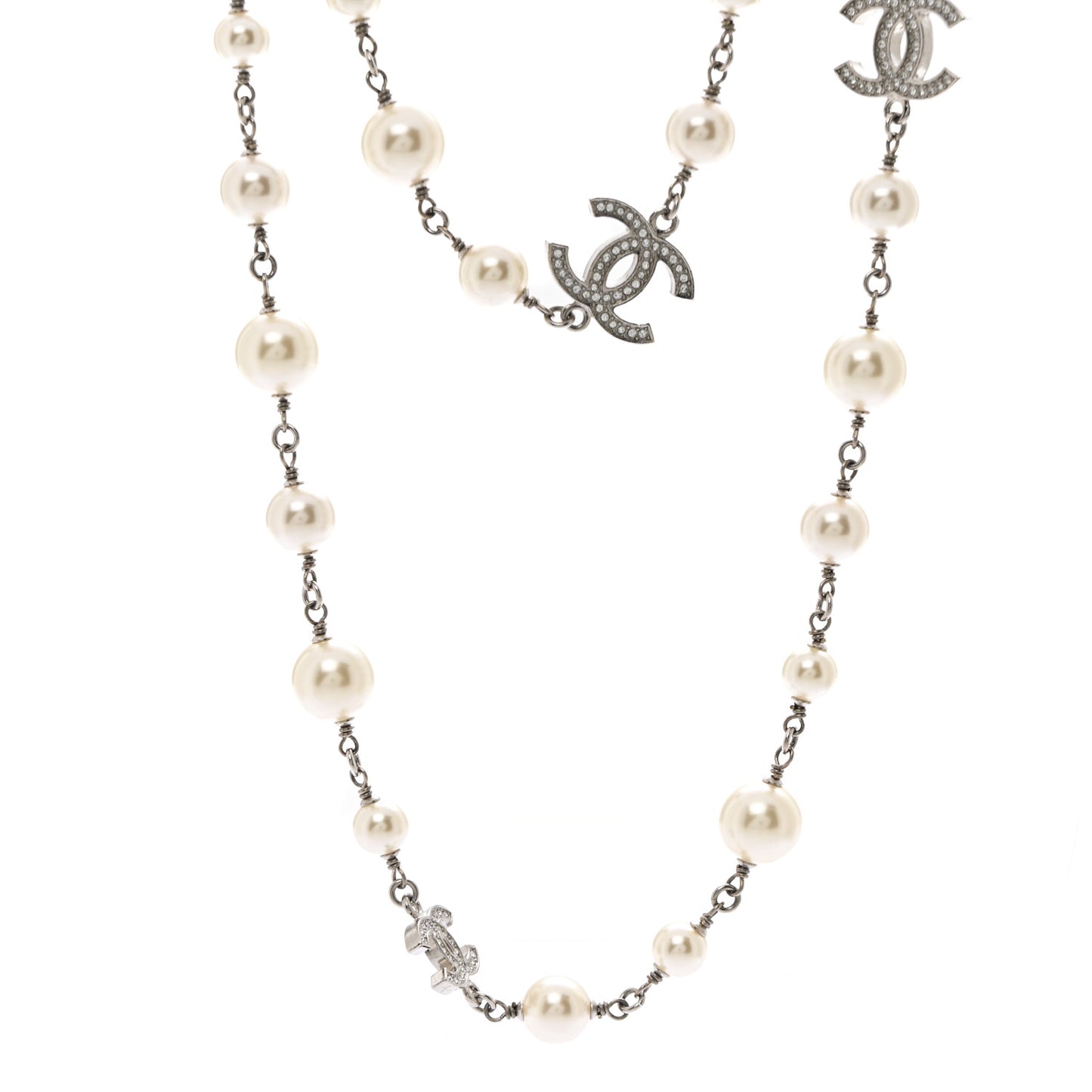 Crystal Pearl CC Long Necklace Silver