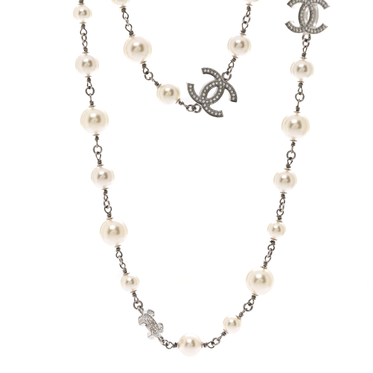 Chanel Crystal Pearl CC Long Necklace Silver 1 of 6