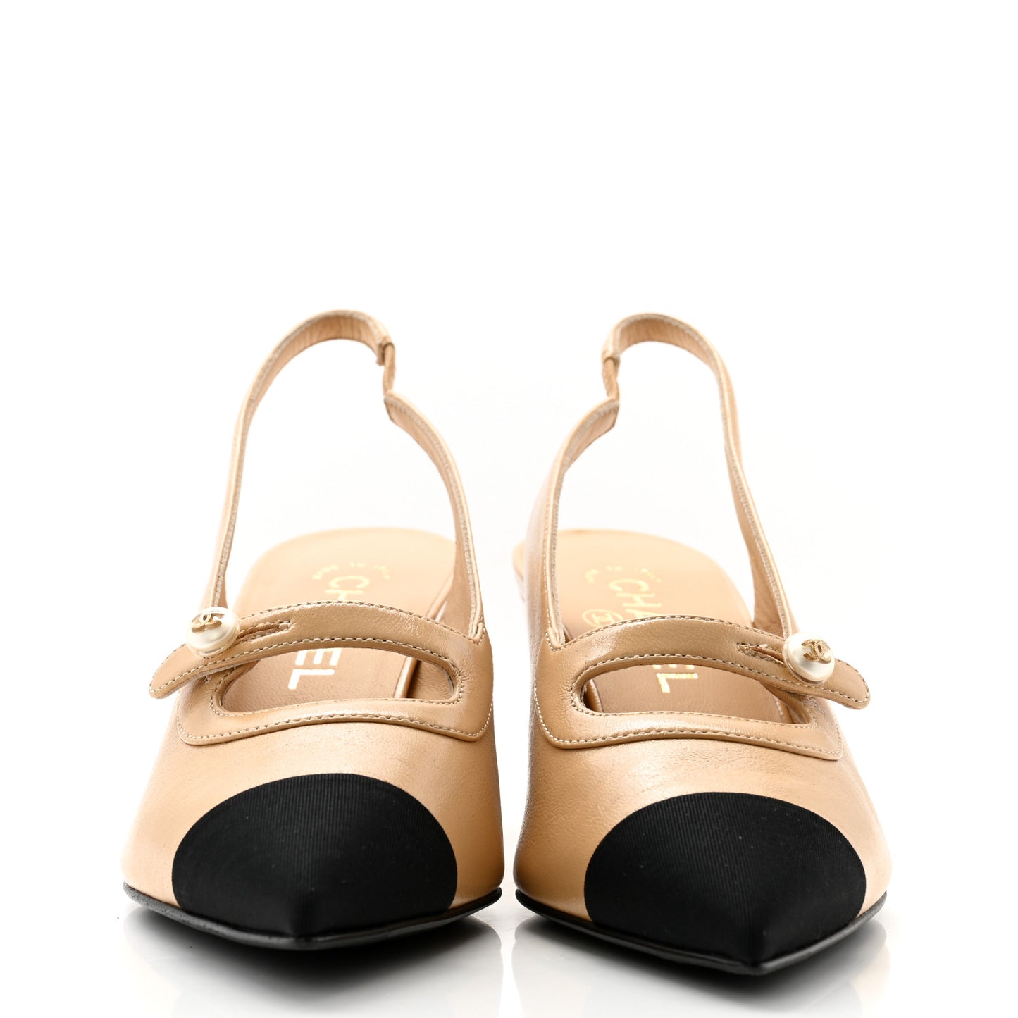 Shiny Lambskin Grosgrain Pointed Toe CC Slingback Pumps 37 Beige Black
