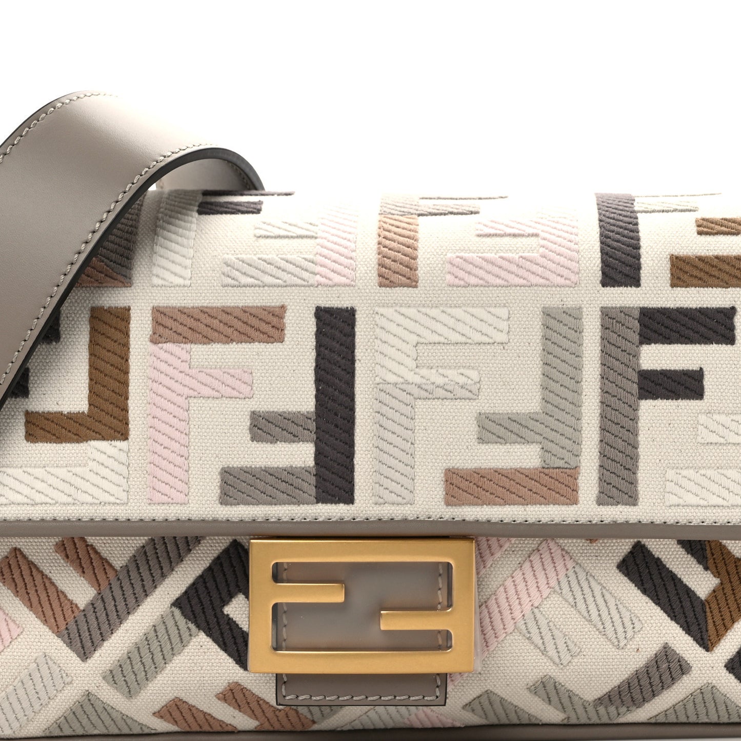 Canvas Vitello Seta FF Multicolor Embroidered Baguette Grezzo Multicolor Tortora