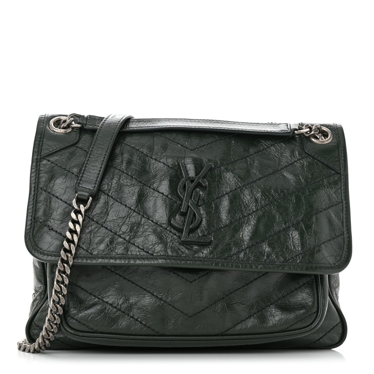 Crinkled Lambskin Matelasse Monogram Medium Niki Chain Satchel Green