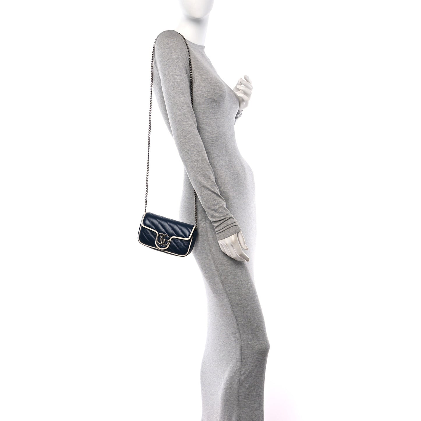 Vintage Effect Calfskin Matelasse Diagonal Super Mini Torchon GG Marmont Shoulder Bag Blue Agata Mystic White