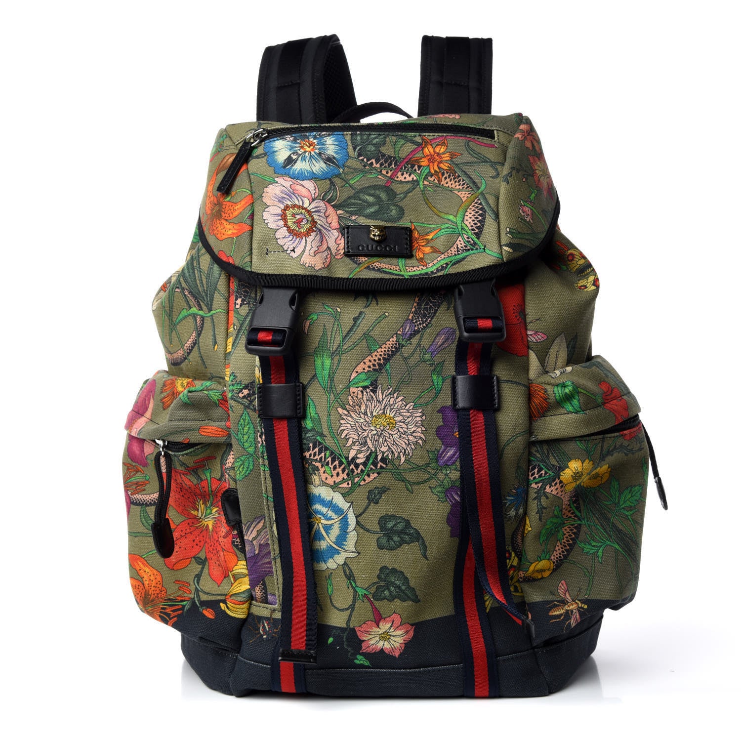 Gucci Canvas Floral Snake Double Buckle Backpack Green 
