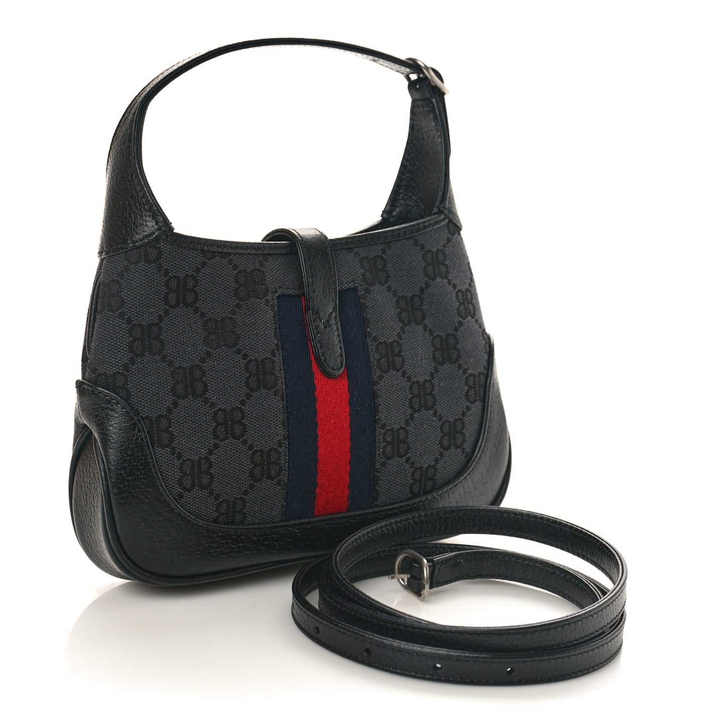 X BALENCIAGA BB Monogram Calfskin Web Mini Jackie 1961 Hobo Black