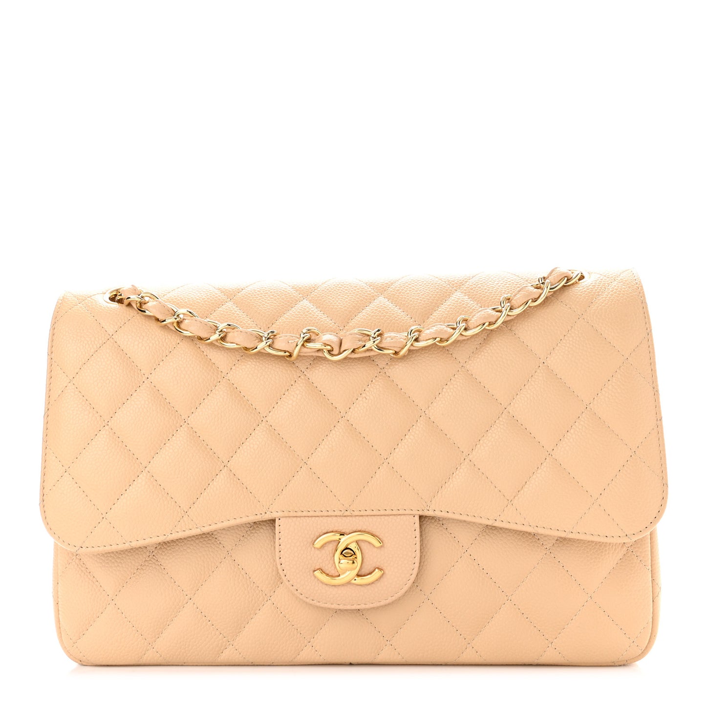 Caviar Quilted Jumbo Double Flap Light Beige
