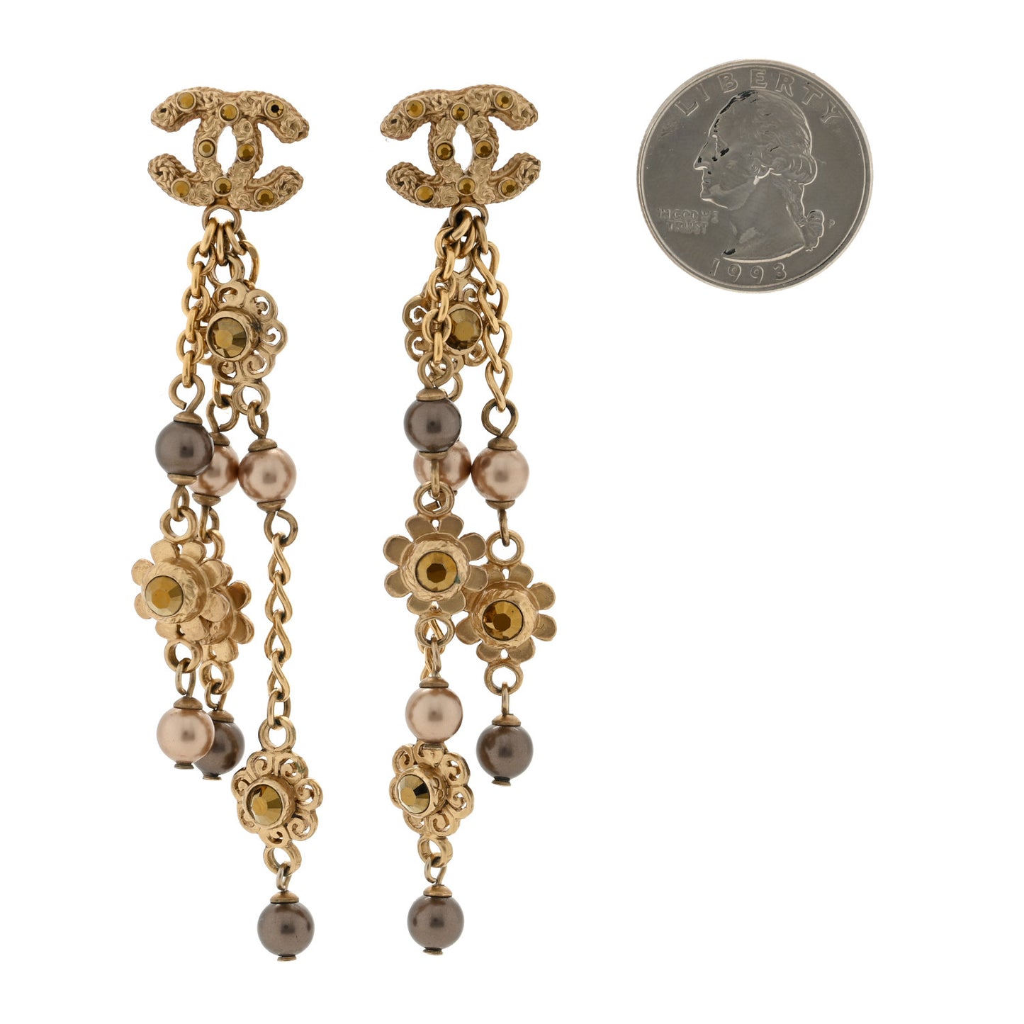 Chain Pearl Flower Dangle Earrings in Gold Gold