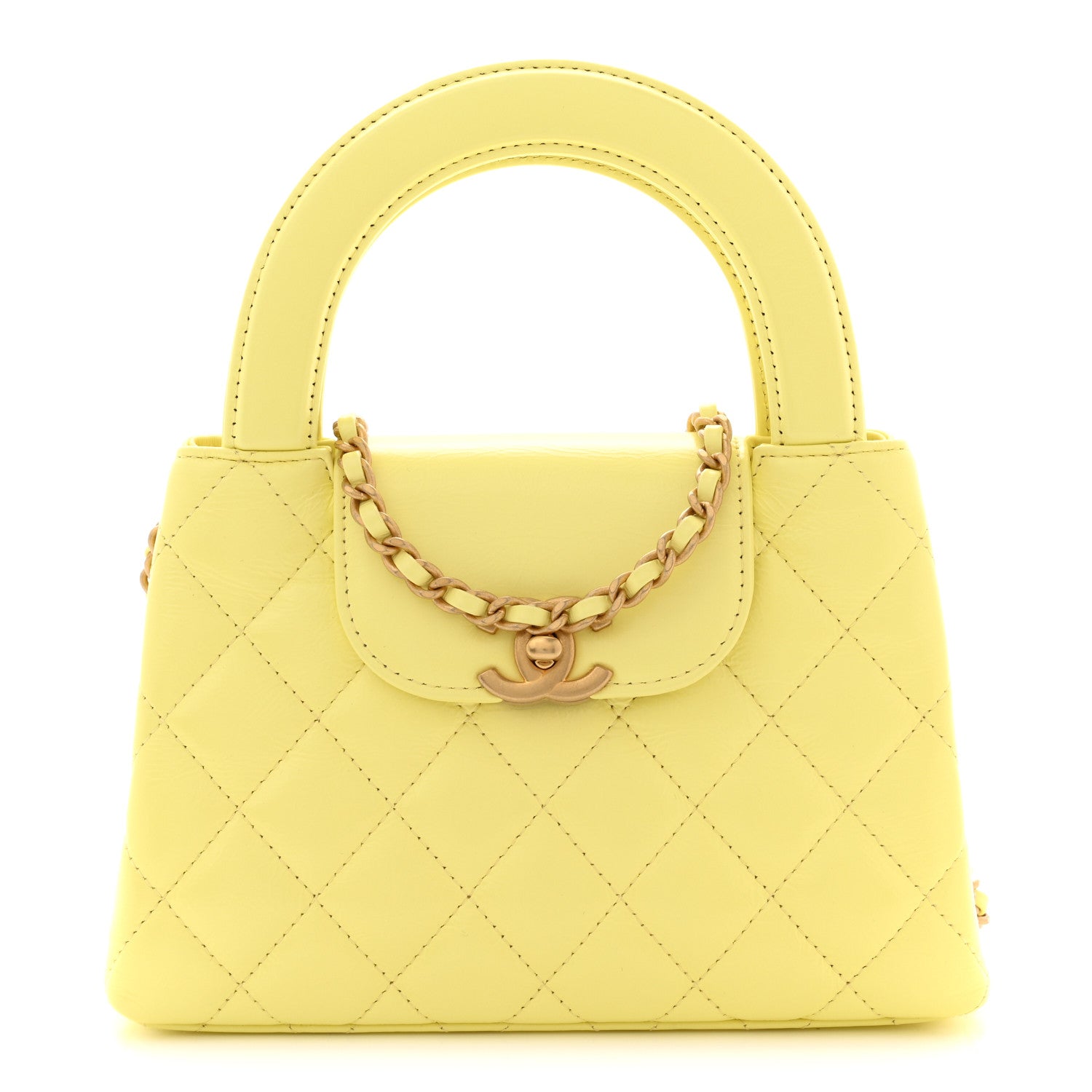 CHANEL イエロー キルティングケース Chanel Lambskin Quilted Enamel Logo Flap Card Holder On Chain