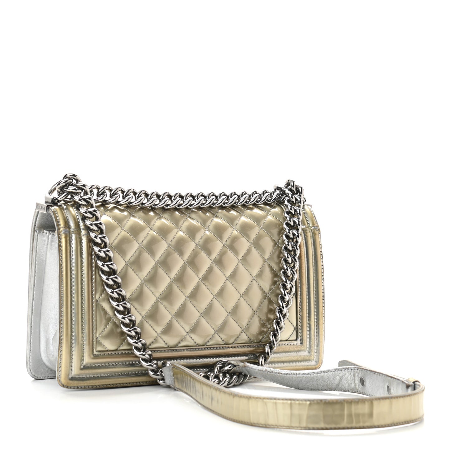 Metallic Patent Calfskin Quilted Medium Boy Flap Silver